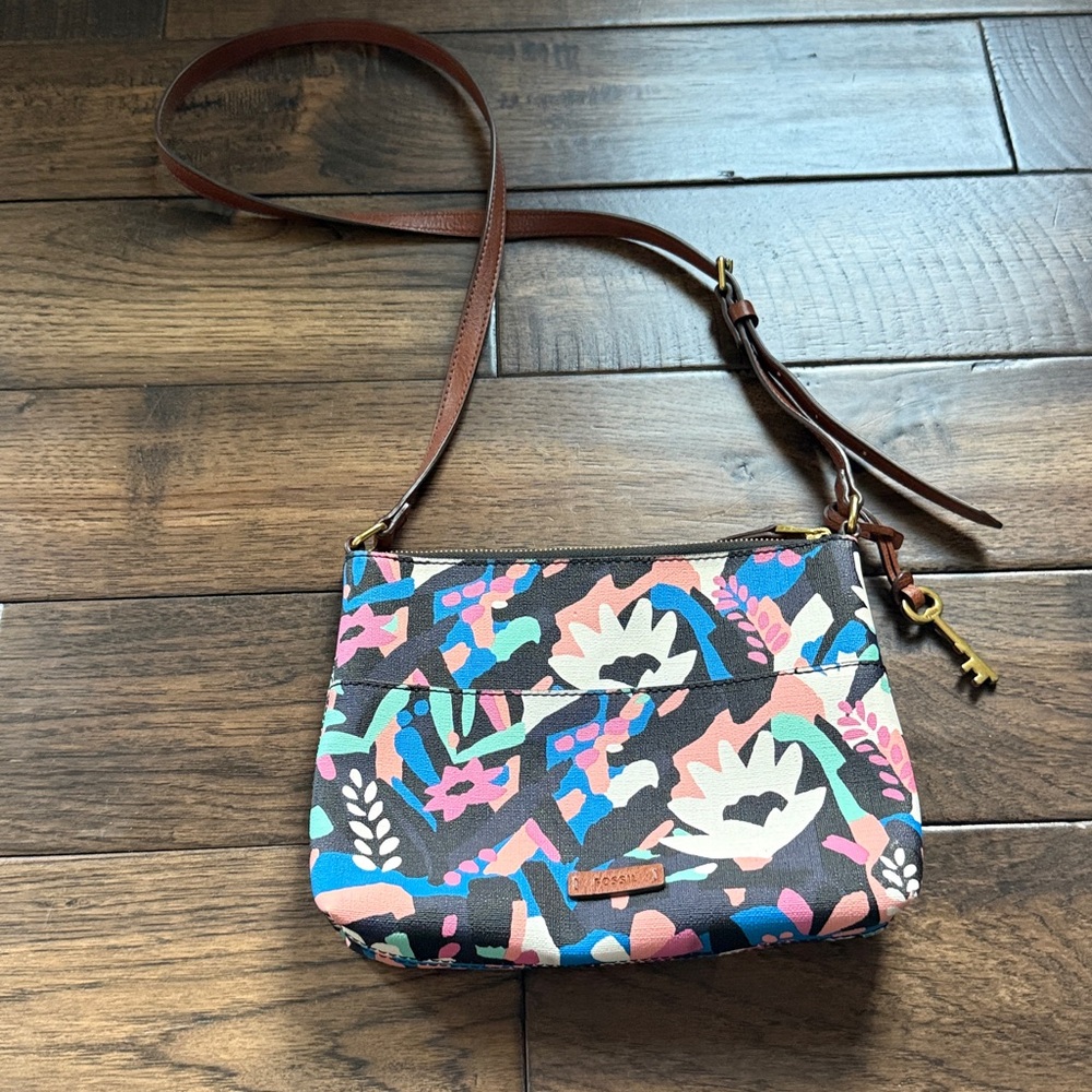 Fossil Blue and Pink‎ Crossbody Bag with floral colorful Design